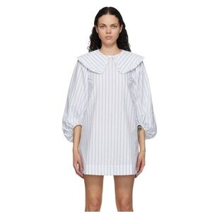 Ganni Blue and White Striped Balloon Sleeve Dress